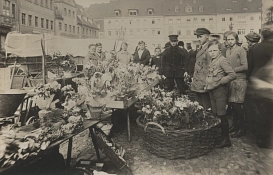 Blumenstand der Gärtnerei Karl Wendt um 1930 auf dem Markt Grimma.
